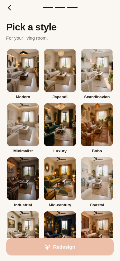 Roomzy product preview: choose a design style